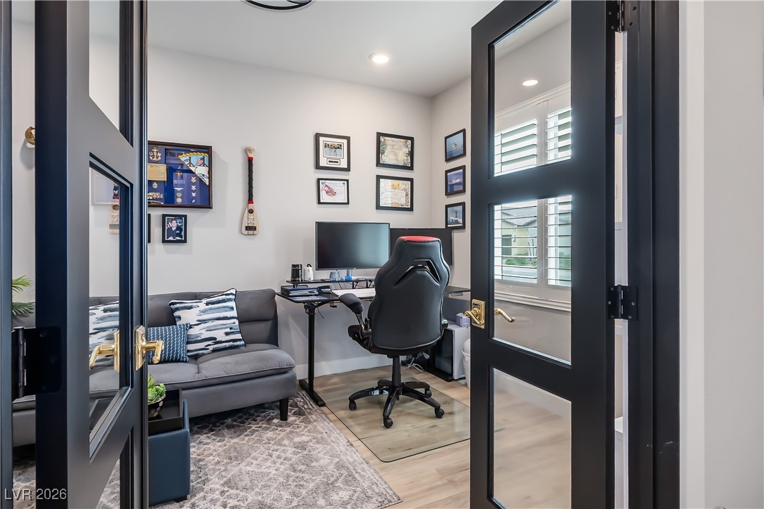 3018 Bounding Home Road North Las Vegas, NV 89086 - Photo 9 of 43 Office area with light wood-style floors, recessed lighting, and french doors