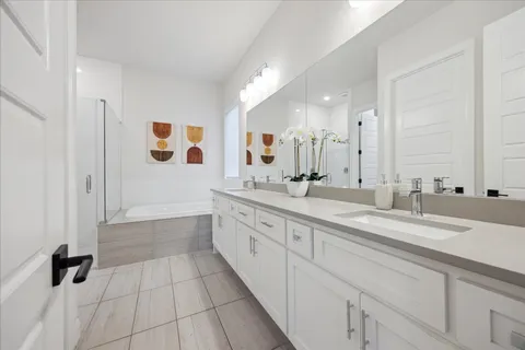 a spacious bathroom with a sink mirror and shower