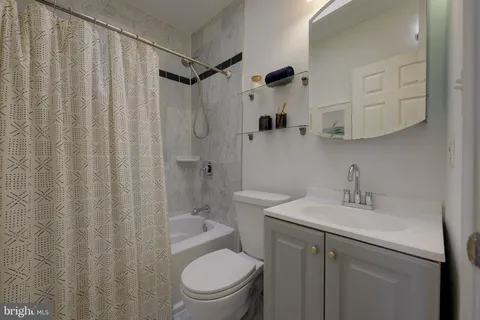 a bathroom with a sink a toilet and shower curtain