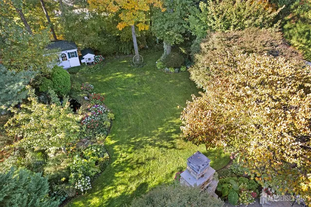 a garden view with a pond