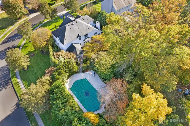 an aerial view of a house with a yard and plants