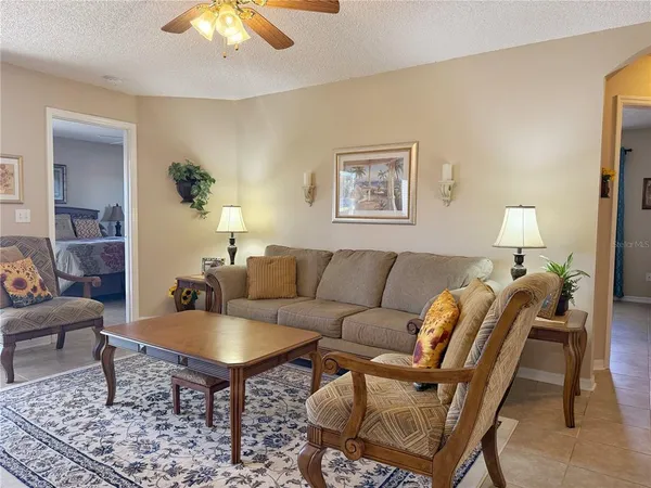 a living room with furniture and a potted plant