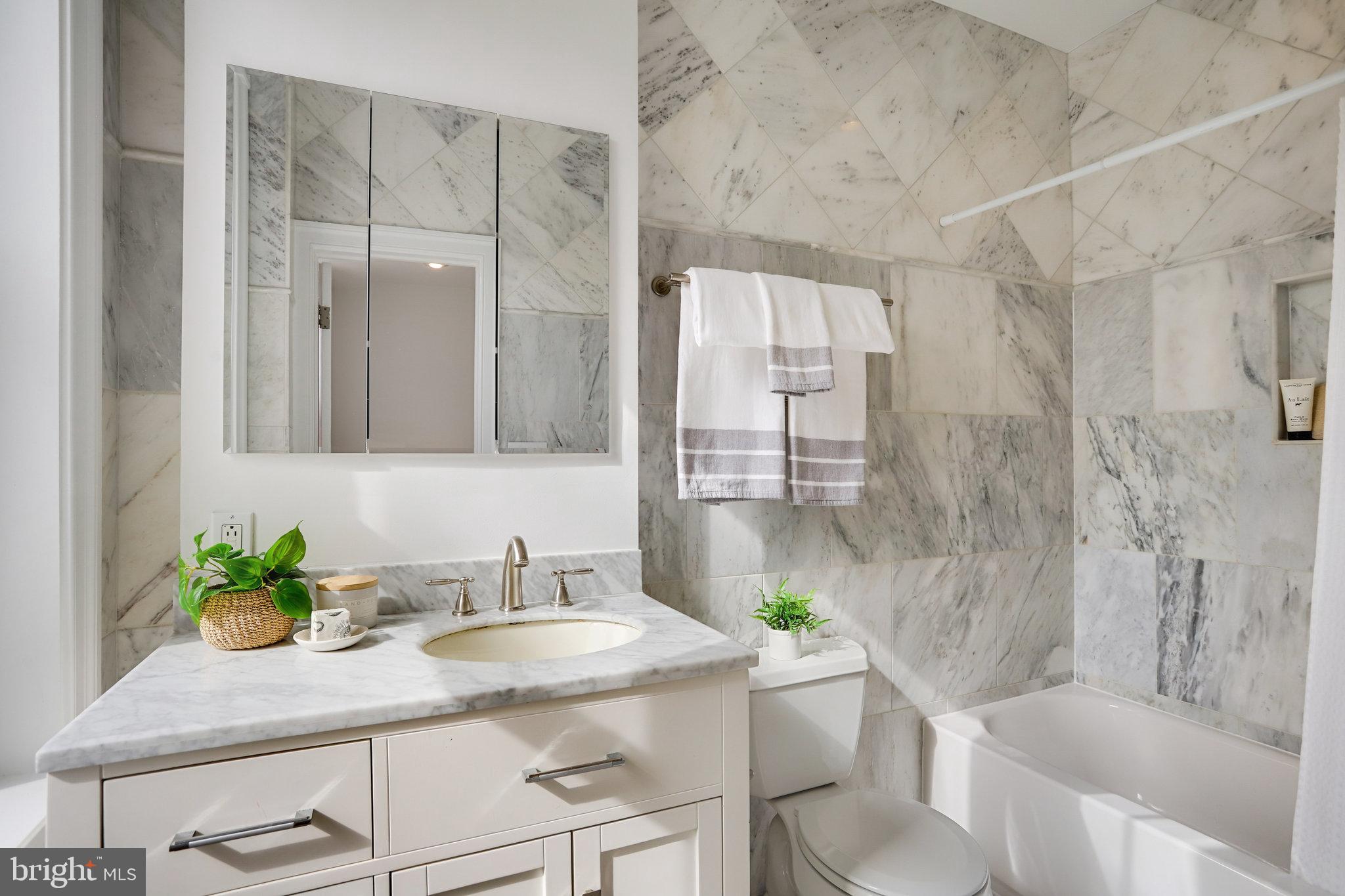 1322 E Street Northeast Washington, DC 20002 - Photo 27 of 49 a bathroom with a granite countertop sink a toilet and shower