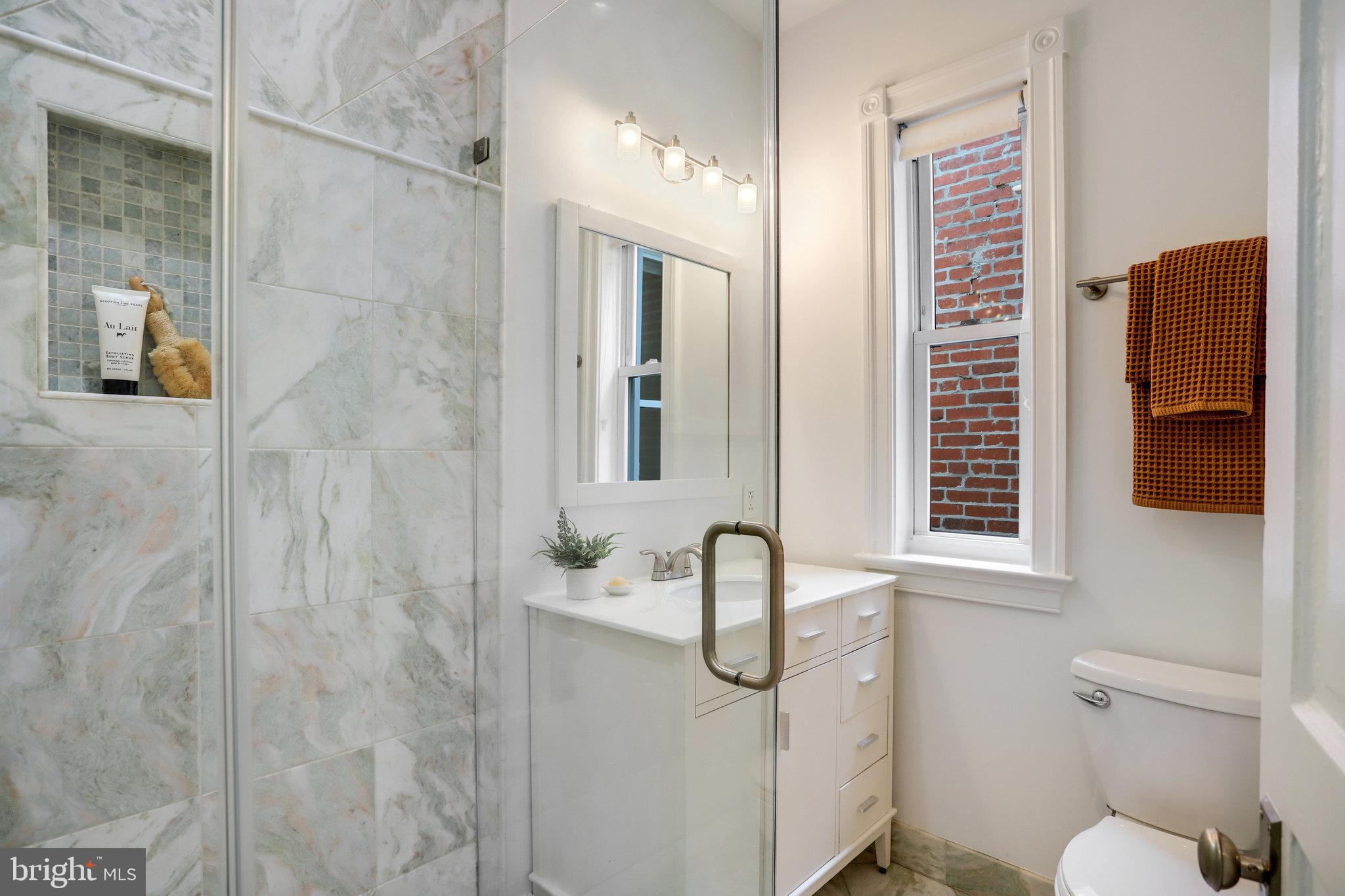 1322 E Street Northeast Washington, DC 20002 - Photo 35 of 49 a bathroom with a granite countertop shower and a toilet
