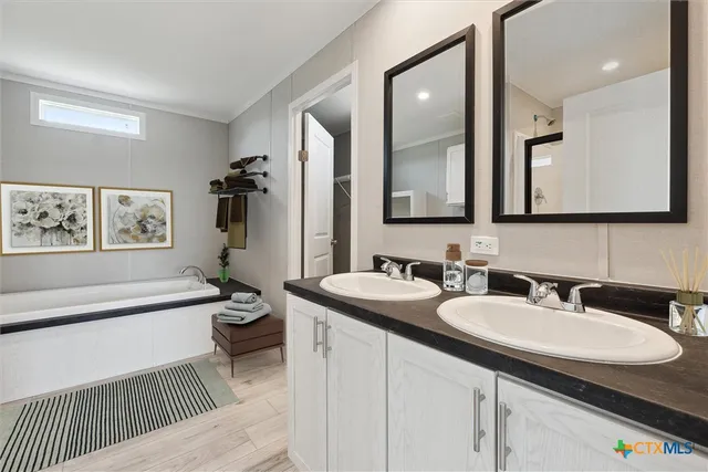 a bathroom with a sink double vanity granite tub and a mirror
