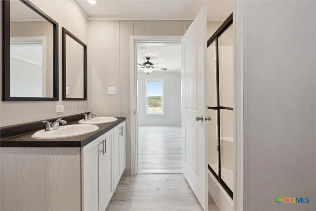 a bathroom with a sink and a mirror