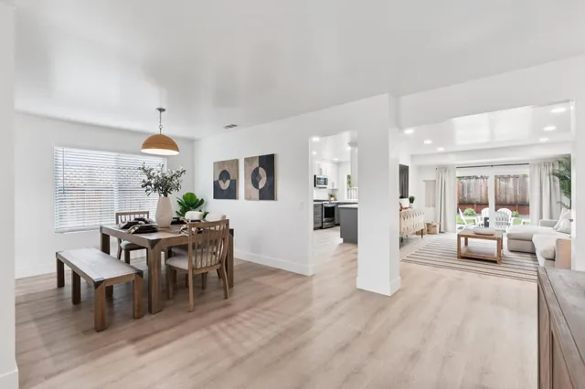 a view of a dining room with furniture window and wooden floor