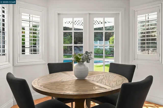 a view of a dining room with furniture window and outside view