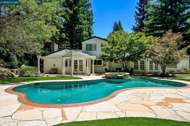 a view of a house with swimming pool and garden