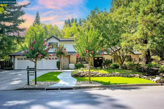 a view of a house with a swimming pool and a yard