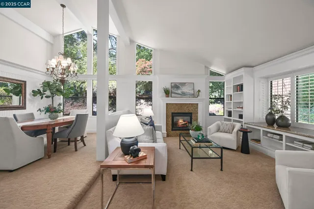 a living room with furniture a fireplace and a potted plant