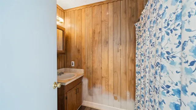 a bathroom with a sink and a curtain