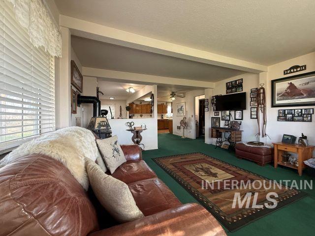 848 Jonathan Road Weiser, ID 83672 - Photo 7 of 42 Living area with a ceiling fan, carpet flooring, and beamed ceiling