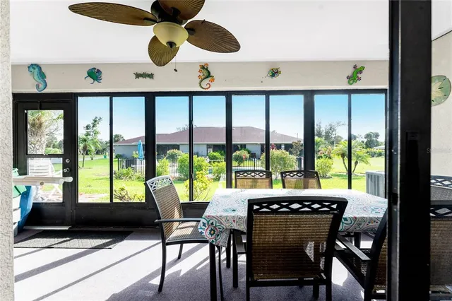 a view of a dining room with furniture window and outside view