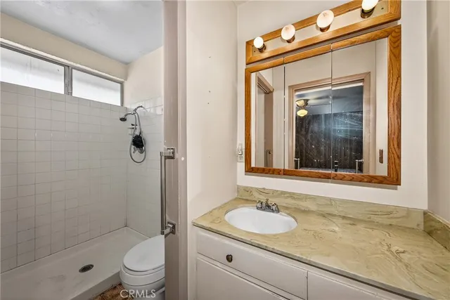 a bathroom with a sink a toilet and shower