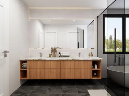 a bathroom with a double vanity sink mirror and bathtub