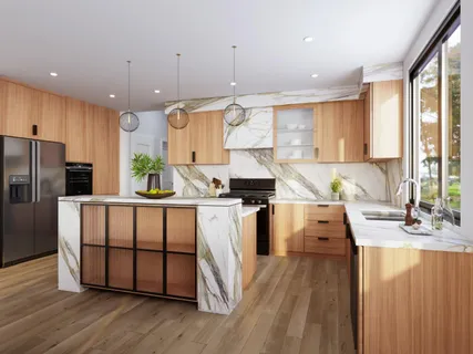 a kitchen with stainless steel appliances granite countertop a refrigerator a sink dishwasher a stove and white countertops with wooden floor