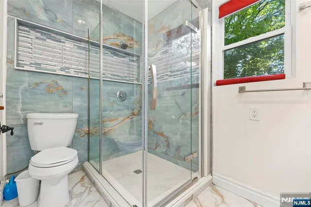 a bathroom with a shower and a toilet