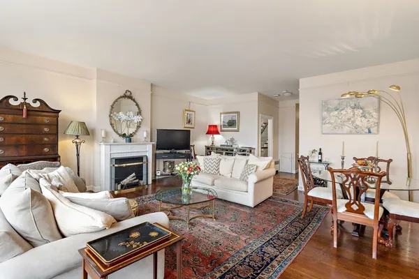 a living room with furniture a rug and a fireplace