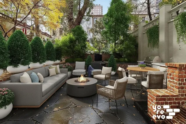 a view of a patio with couches and a table and chairs with potted plants and large trees