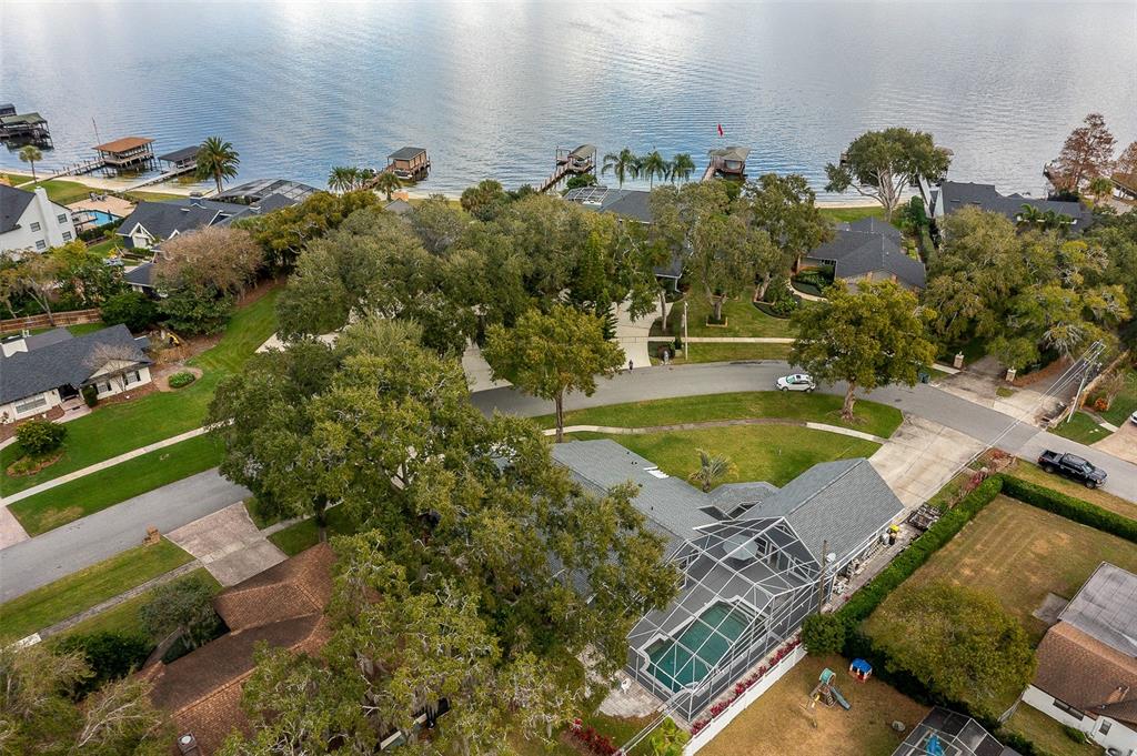 an aerial view of a house with a garden