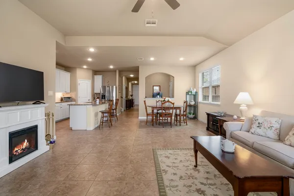 a living room with furniture and a fireplace