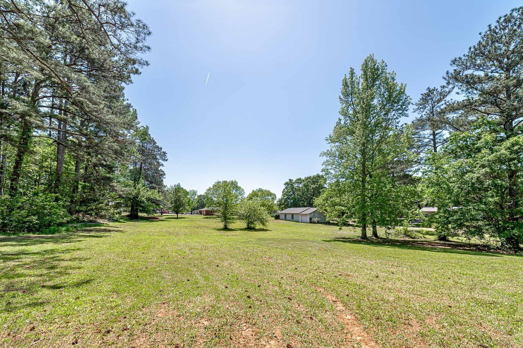 a view of a field with trees in the background