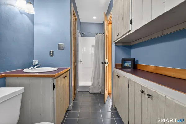 a bathroom with a sink a mirror and a shower