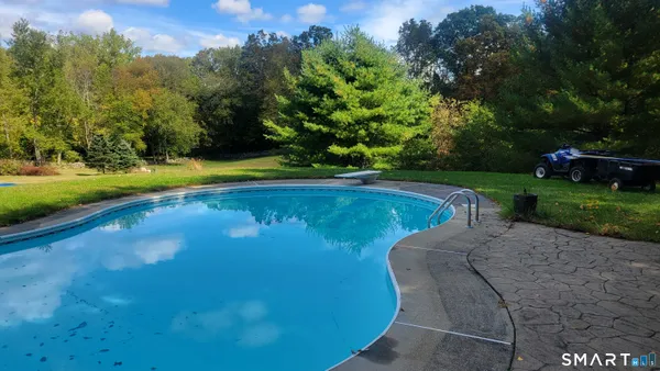 a view of a swimming pool and trees in the background