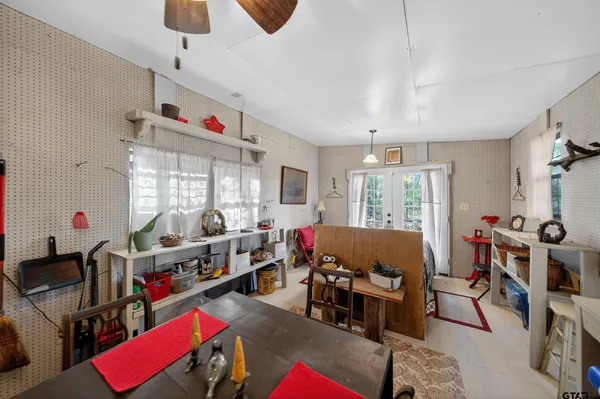a bathroom with a glass door