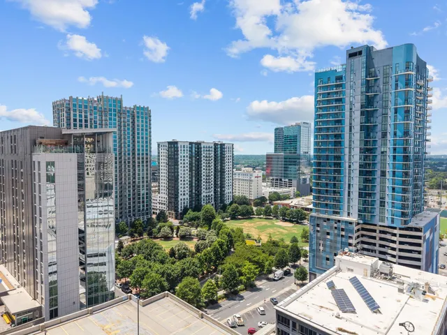 a city view with tall buildings
