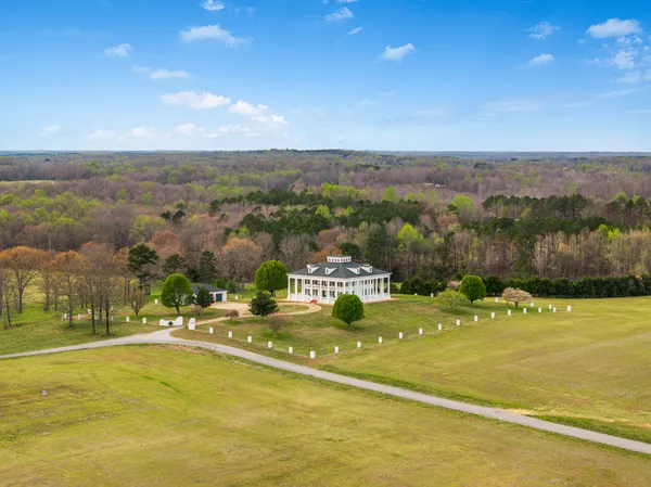 a view of a white house with a yard plants and large tree