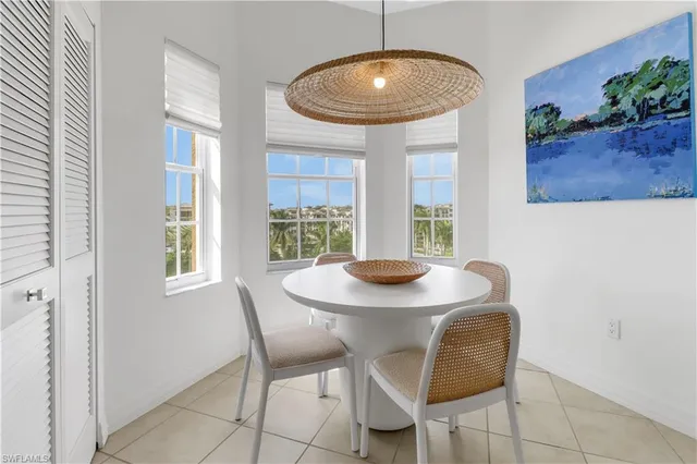 a view of a dining room with furniture and window