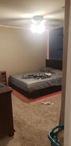 a bedroom with a bed and a dresser