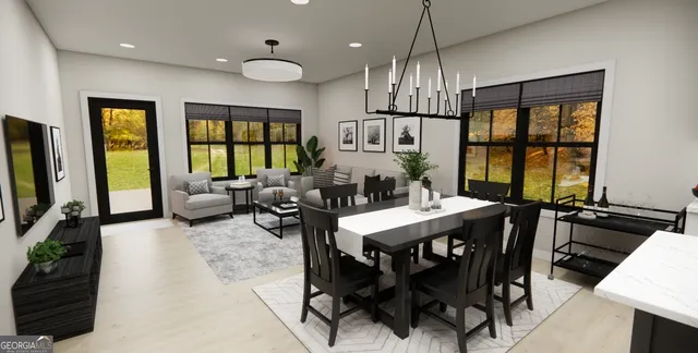 a view of a dining room with furniture window and outside view