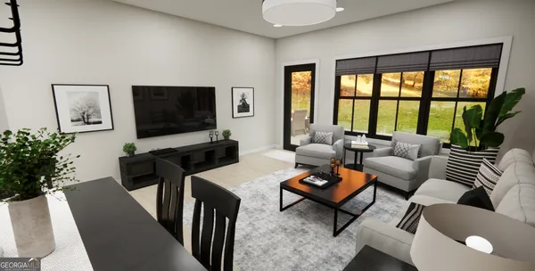 a living room with furniture a flat screen tv and a large window