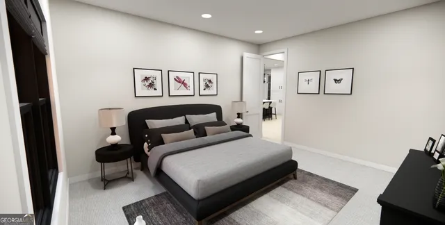 a bedroom with a bed and wall painting