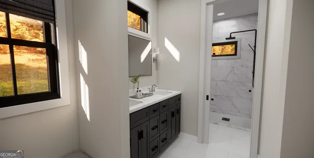 a bathroom with a sink a mirror and a window