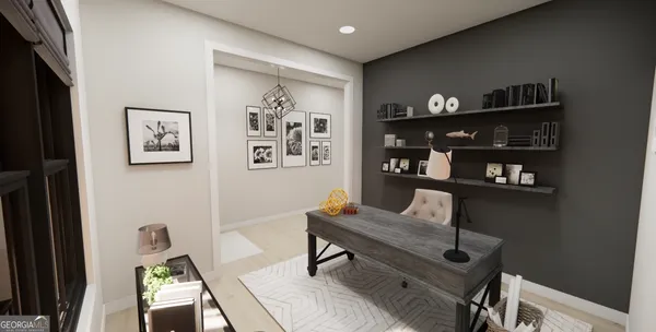 a workspace with furniture and window