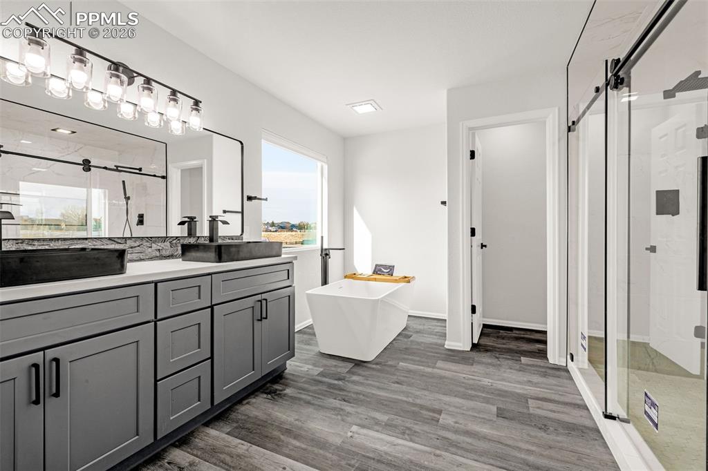 8388 Fort Smith Road Peyton, CO 80831 - Photo 11 of 49 a large bathroom with a double vanity sink a mirror and a shower