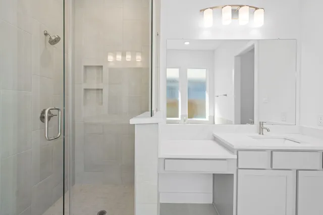 a bathroom with a sink shower and a mirror
