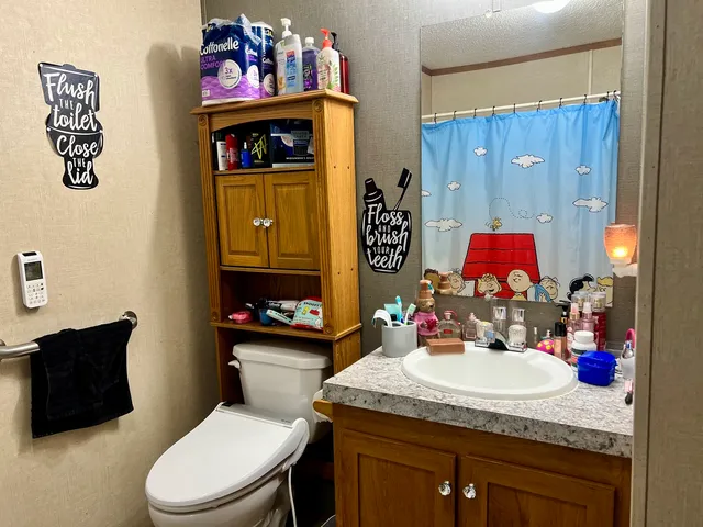 a bathroom with a granite countertop sink a toilet and a mirror