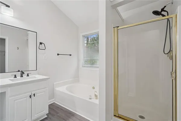 a bathroom with a tub sink vanity and mirror