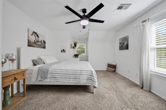 a bedroom with a bed and a ceiling fan
