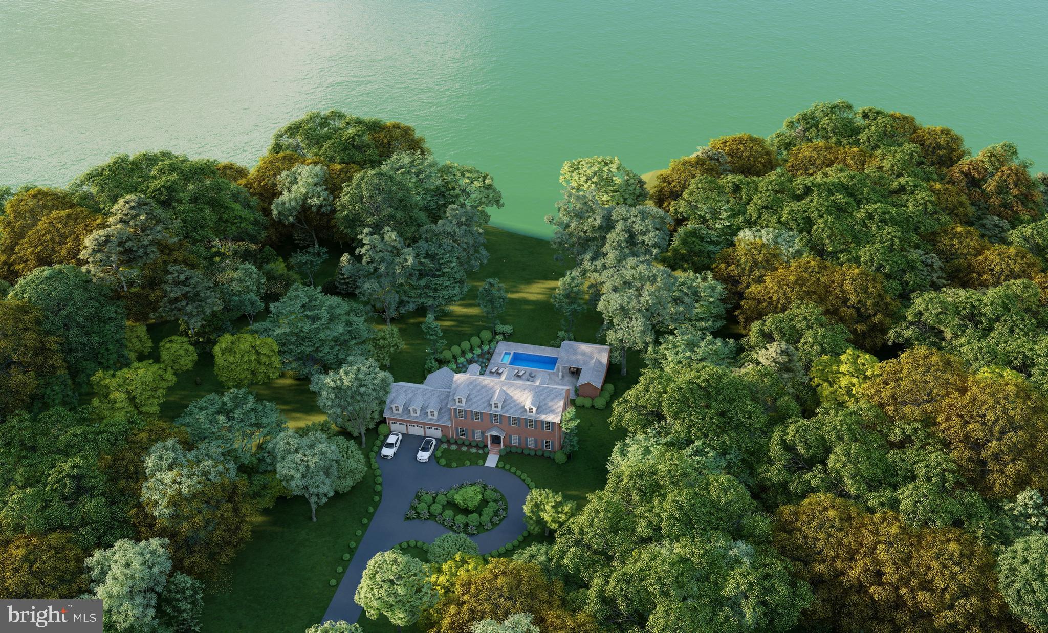 an aerial view of a house with outdoor space and trees all around
