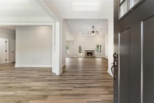 a view of dining room with wooden floor