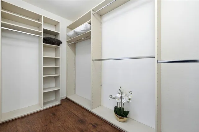 a view of walk in closet with empty racks