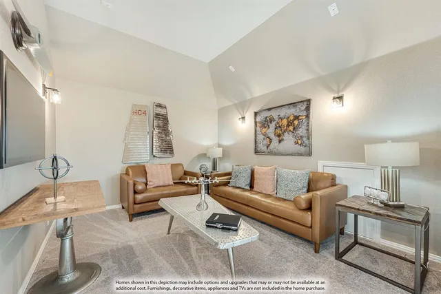 a living room with furniture and a lamp