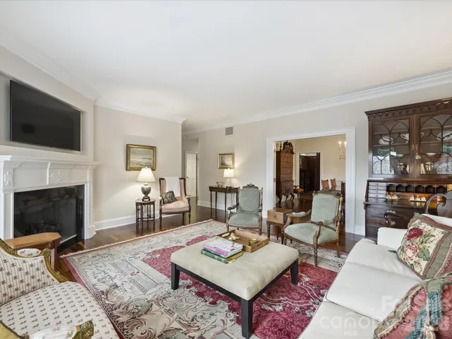 a living room with furniture a rug and a fireplace