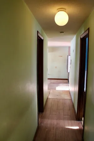 a view of a hallway with wooden floor